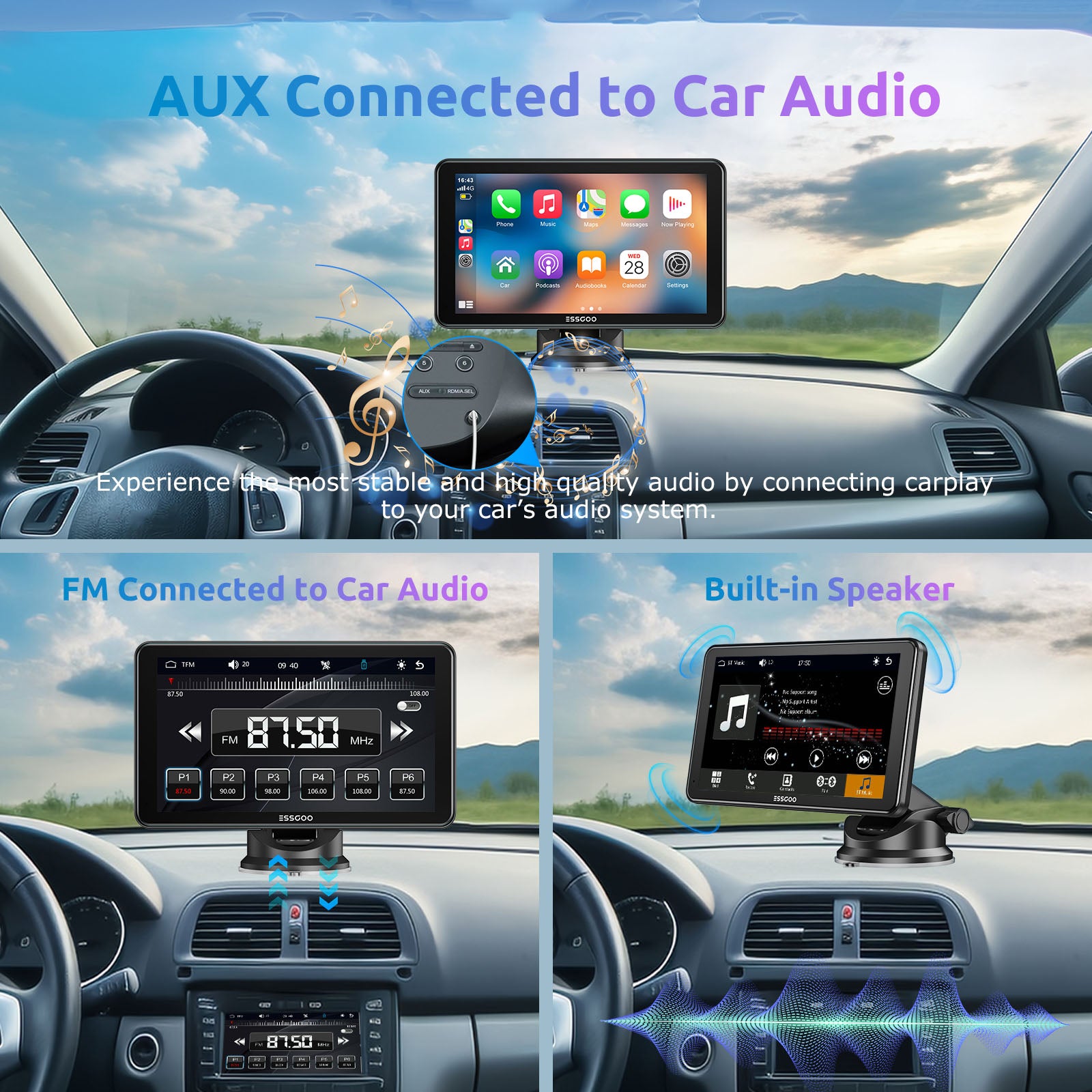 Portable Wireless Apple CarPlay & Android Auto Screen, 7 Inch Touch Screen Car Stereo with Bluetooth, WiFi, Voice Control, and Live Navigation