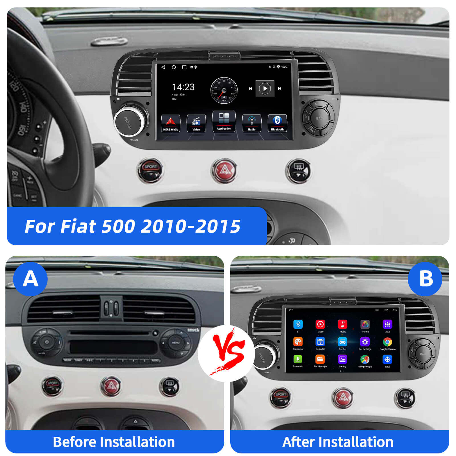 ESSGOO AR7001 MP5 | Android 14 7-inch IPS Touchscreen - For Fiat 500 2010-2015, Bluetooth 5.0, Wireless Apple CarPlay & Wireless Android Auto, FM RDS