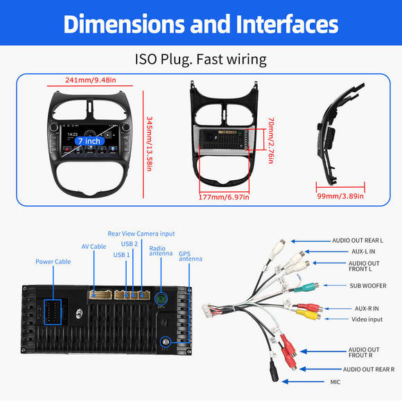 ESSGOO AR7001 | 7 inch - For Peugeot 206-2001-2008 Bluetooth Car Audio, MP5 Bluetooth 4.1 Carplay and Android Auto, FM