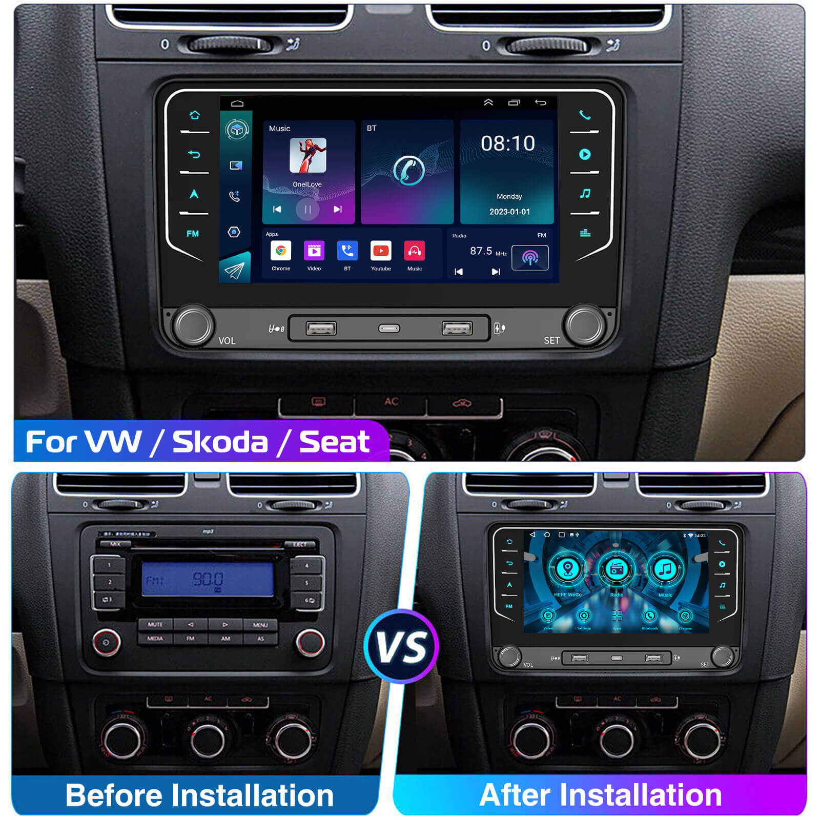 ESSGOO AR7002 MP5 | Android 15 7-inch IPS Touchscreen-For Volkswagen, Bluetooth 4.1, Apple CarPlay & Android Auto, FM RDS, AI Voice control