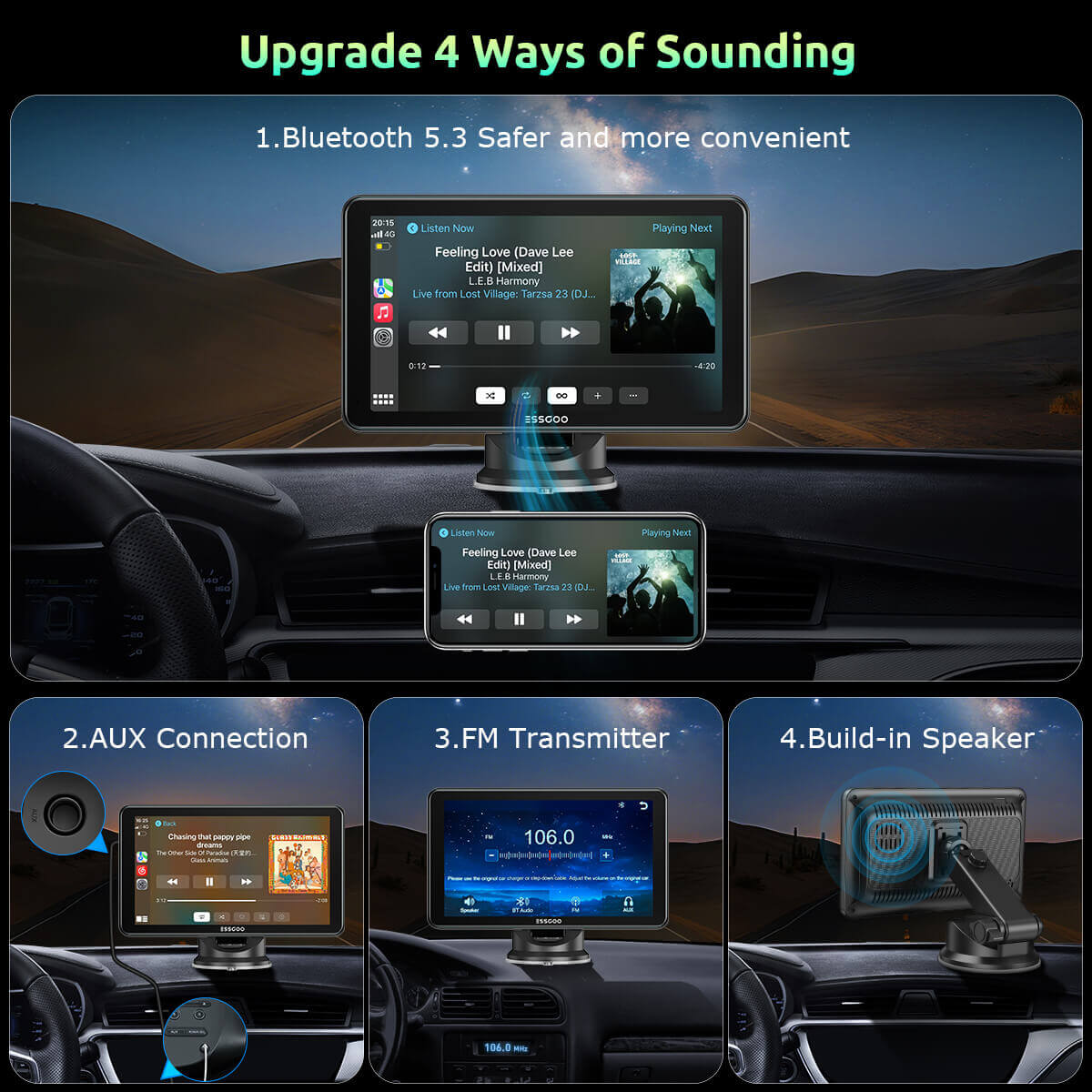ESSGOO 7'' 743CP Wireless Car Play Screen for Apple Carplay, Android Auto, HD IPS Touchscreen with Mirror Link, Bluetooth 5.3, Siri,Assistant Support, AUX, FM