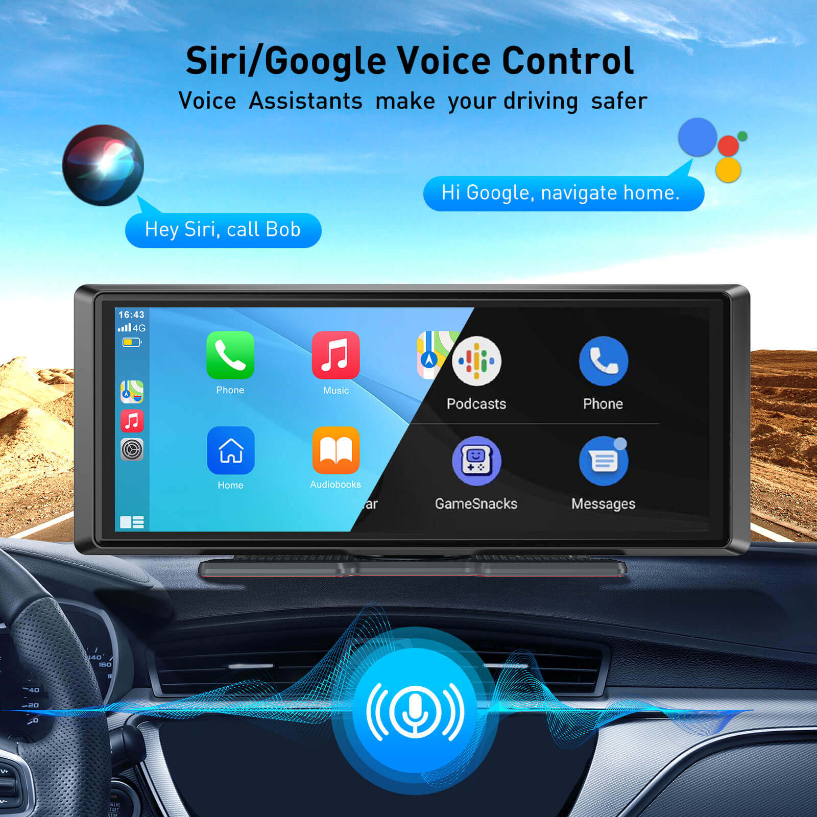 ESSGOO E40 8.1"Portable Wireless Carplay&Android Auto, Siri Assistant, FM, Applicable To Most Models