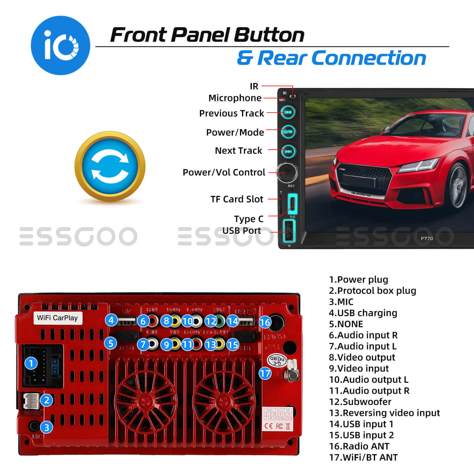 ESSGOO MP5 F770W | 2 DIN, 7-inch HD IPS Touchscreen Car Stereo, Bluetooth 5.1, Wired Apple CarPlay & Wired Android Auto, FM USB