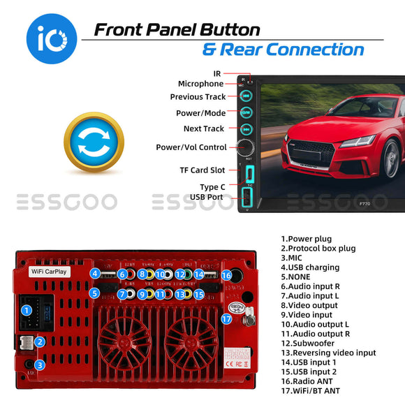 ESSGOO MP5 F770W | 2 DIN, 7-inch HD IPS Touchscreen Car Stereo, Bluetooth 5.1, Wired Apple CarPlay & Wired Android Auto, FM USB