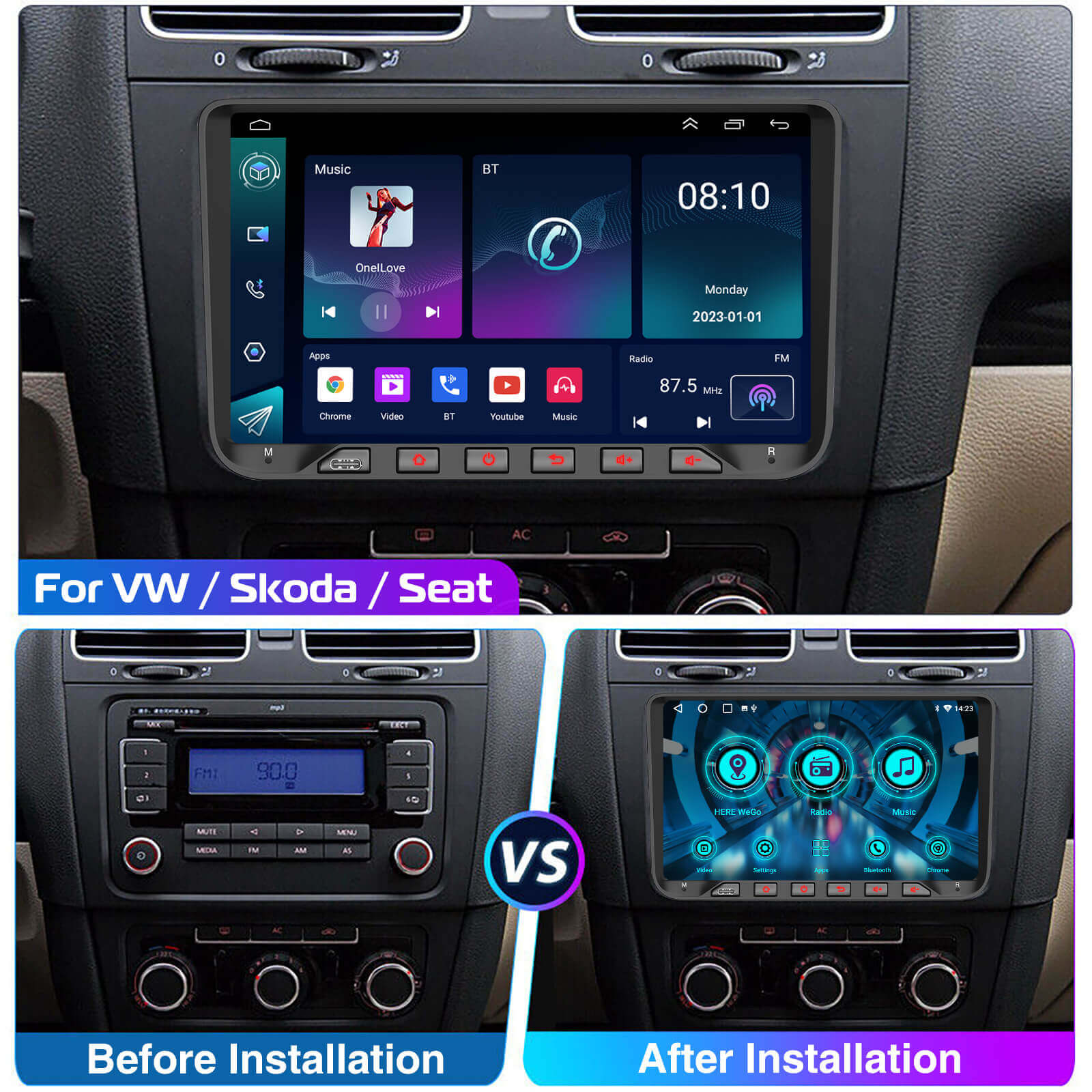 ESSGOO AR9002 | MP5 Android14, 9-inch IPS Touchscreen - For Volkswagen, Bluetooth 4.1 Apple CarPlay & Android Auto, FM/RDS
