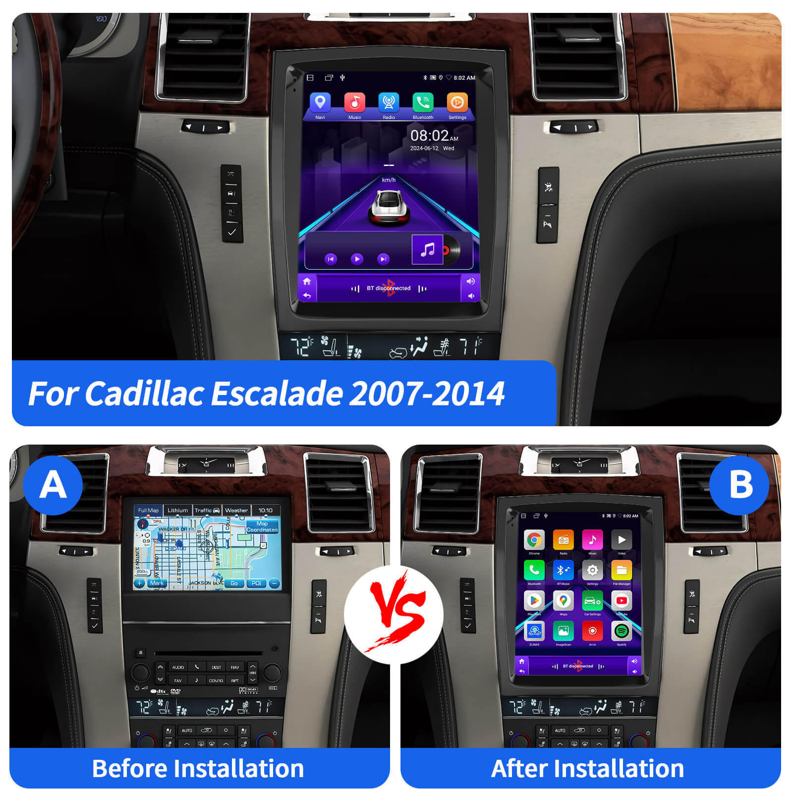 ESSGOO AR1001 | MP5 Android14, 9.7-inch IPS Touchscreen - For Cadillac Escalade 2007-2014, Bluetooth 4.1 Apple CarPlay & Android Auto FM RDS