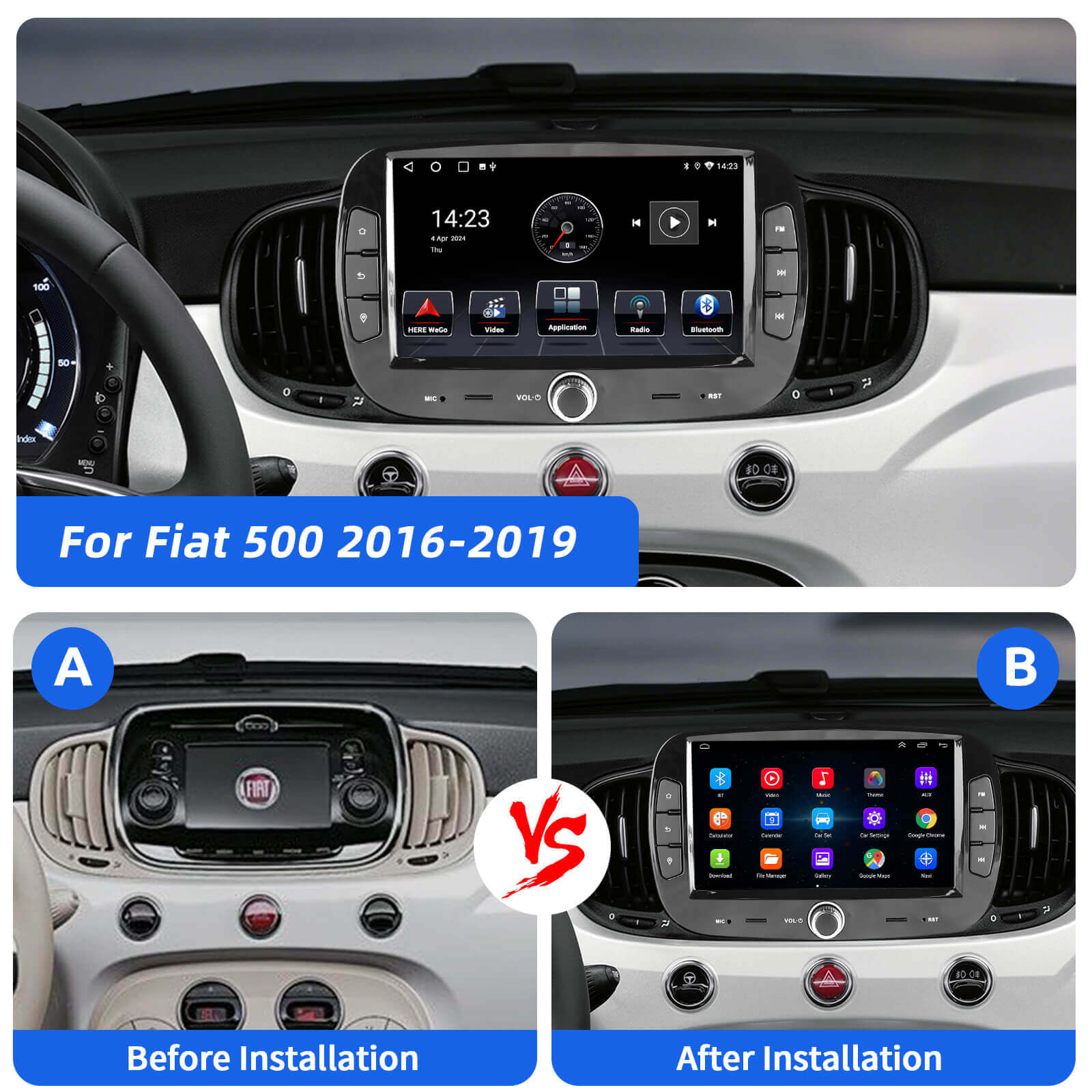 ESSGOO AR7001 MP5 | Android 14 7-inch IPS Touchscreen - For Fiat 500 2016-2019, Bluetooth 5.0, Wireless Apple CarPlay & Wireless Android Auto, FM RDS