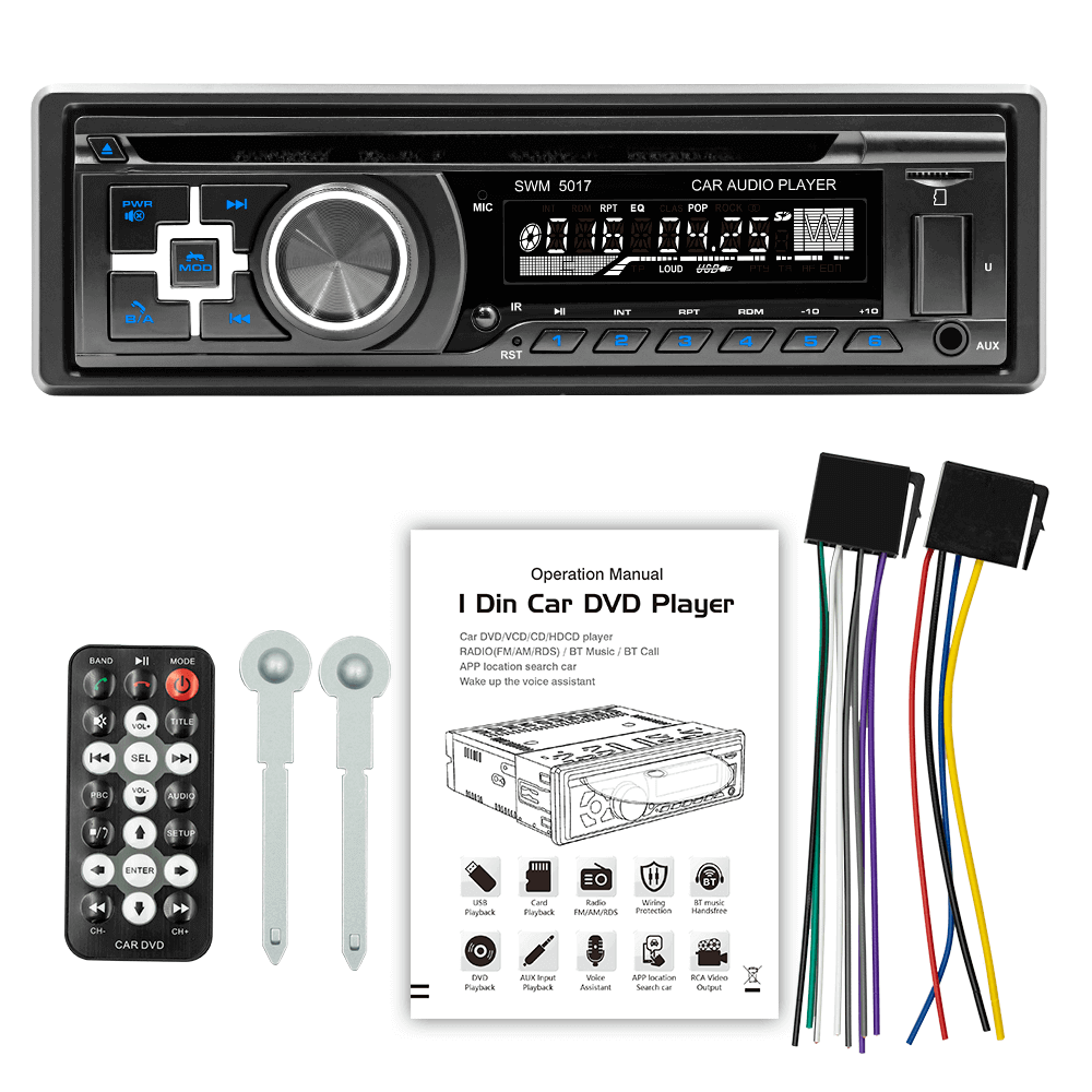 ESSGOO SWM5017 | Single Din DVD CD Car Stereo MP3 Player FM Audio Radio BT USB AUX SD In-dash