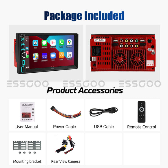 ESSGOO MP5 F770W | 2 DIN, 7-inch HD IPS Touchscreen Car Stereo, Bluetooth 5.1, Wired Apple CarPlay & Wired Android Auto, FM USB
