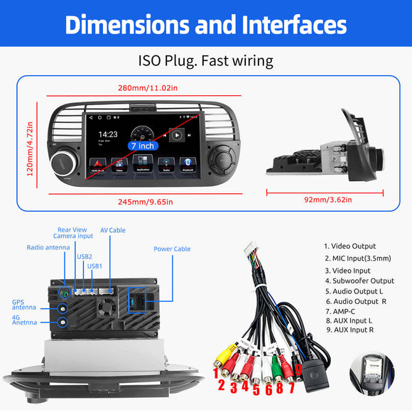 ESSGOO AR7001 MP5 | Android 14 7-inch IPS Touchscreen - For Fiat 500 2010-2015, Bluetooth 5.0, Wireless Apple CarPlay & Wireless Android Auto, FM RDS