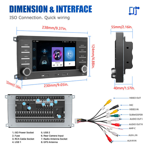 ESSGOO AR7001 | MP5 Android14, 7-inch IPS Touchscreen - For Porsche Cayenne 2005-2009, Bluetooth 4.1 Apple CarPlay & Android Auto