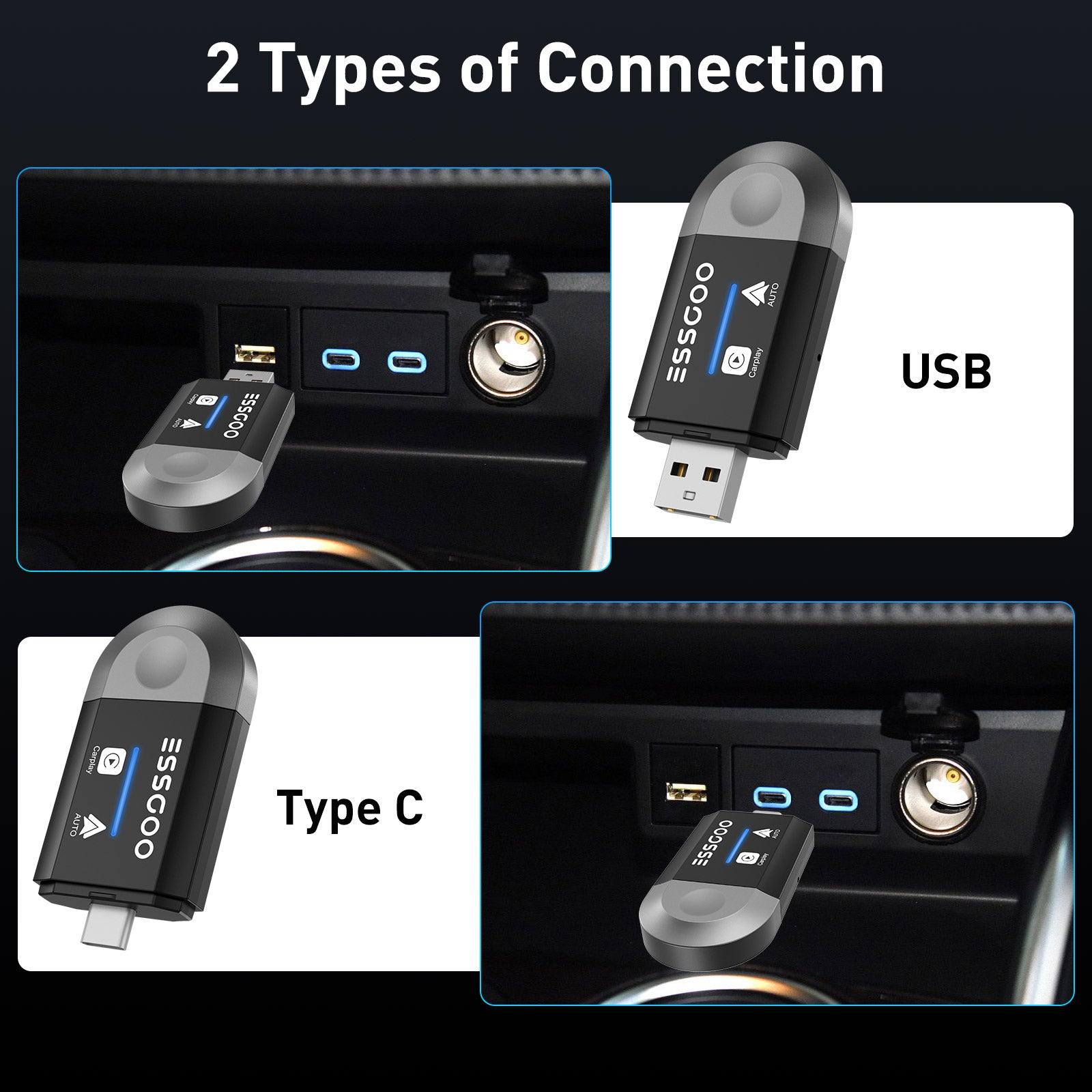 Adaptateur Carplay sans fil ESSGOO pour Android Cars Stereo, Plug and Play Converter Sync iPhone