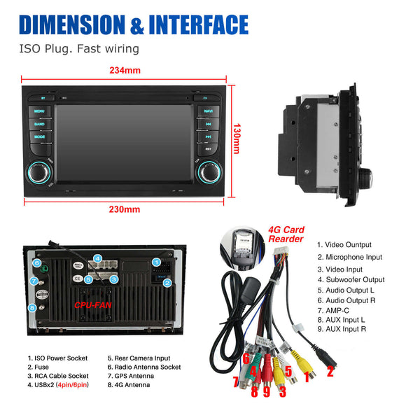 ESSGOO AR7001 MP5 | Android 14 7-inch IPS Touchscreen - For Audi A4, Bluetooth 5.4, Apple CarPlay & Android Auto, FM RDS