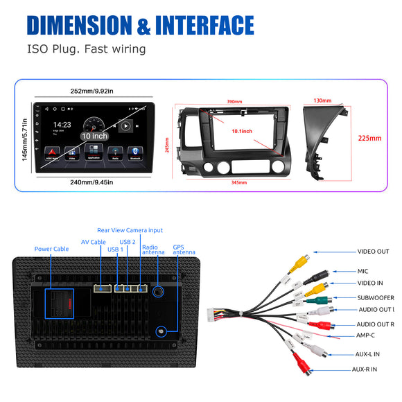 ESSGOO MP5 AR1001 | Android 15 10-inch IPS HD Touchscreen - For Honda Civic 2006-2011 Left Hand Drive, 4GB+64GB, Wireless & Wired CarPlay Android Auto, FM RDS