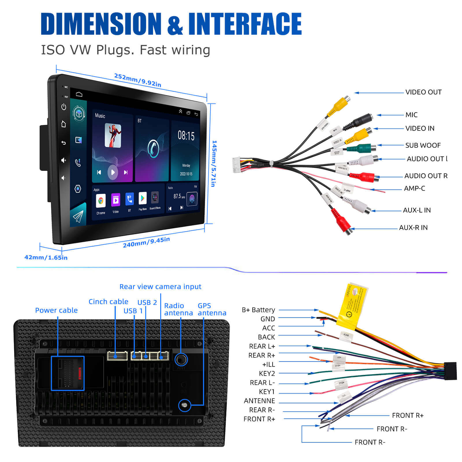 ESSGOO AR1001 MP5 | 2 DIN Android 15 10-inch IPS Touchscreen, Bluetooth 4.1, Apple CarPlay & Android Auto, FM RDS, AI Voice control (powerd by chatGPT)