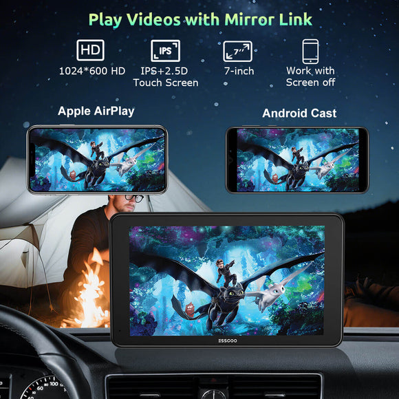 ESSGOO 7'' 743CP Wireless Car Play Screen for Apple Carplay, Android Auto, HD IPS Touchscreen with Mirror Link, Bluetooth 5.3, Siri,Assistant Support, AUX, FM