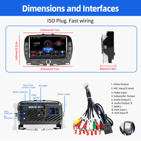 ESSGOO AR7001 MP5 | Android 14 7-inch IPS Touchscreen - For Fiat 500 2016-2019, Bluetooth 5.0, Wireless Apple CarPlay & Wireless Android Auto, FM RDS