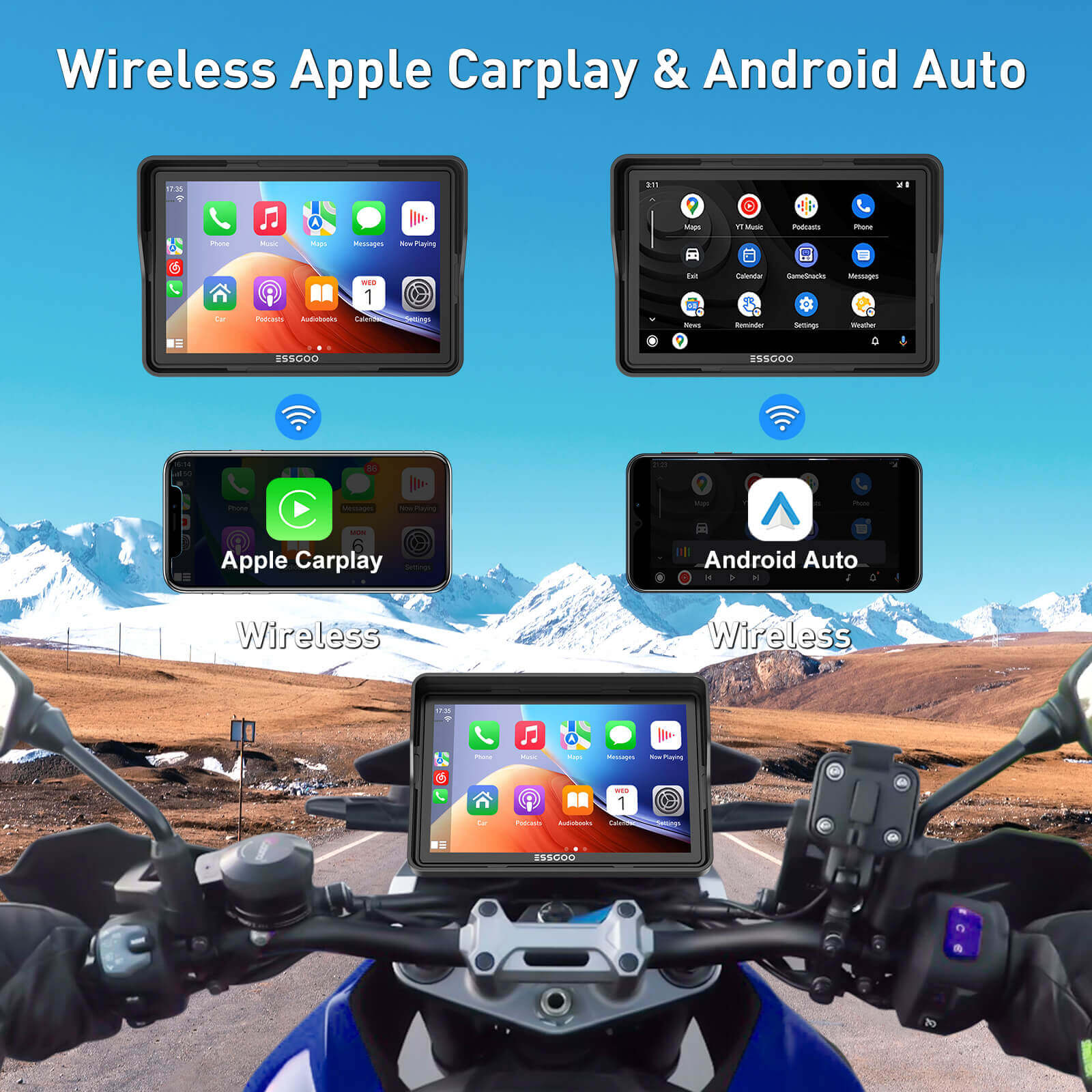 ESSGOO 550CP 5" Waterproof Motorcycle GPS with Wireless CarPlay/Android Auto & Helmet Bluetooth