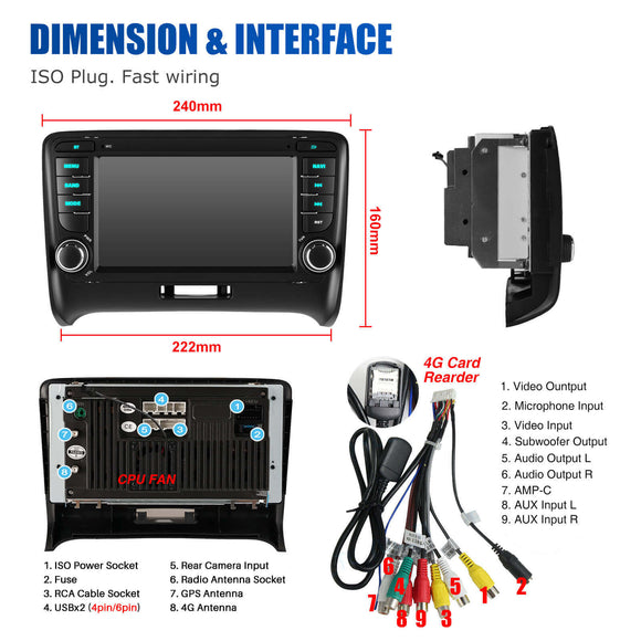 ESSGOO AR7001 MP5 | Android 14 7-inch IPS Touchscreen - For Audi AUDI TT MK2 (2006-2014), Bluetooth 5.4, Apple CarPlay & Android Auto, FM RDS