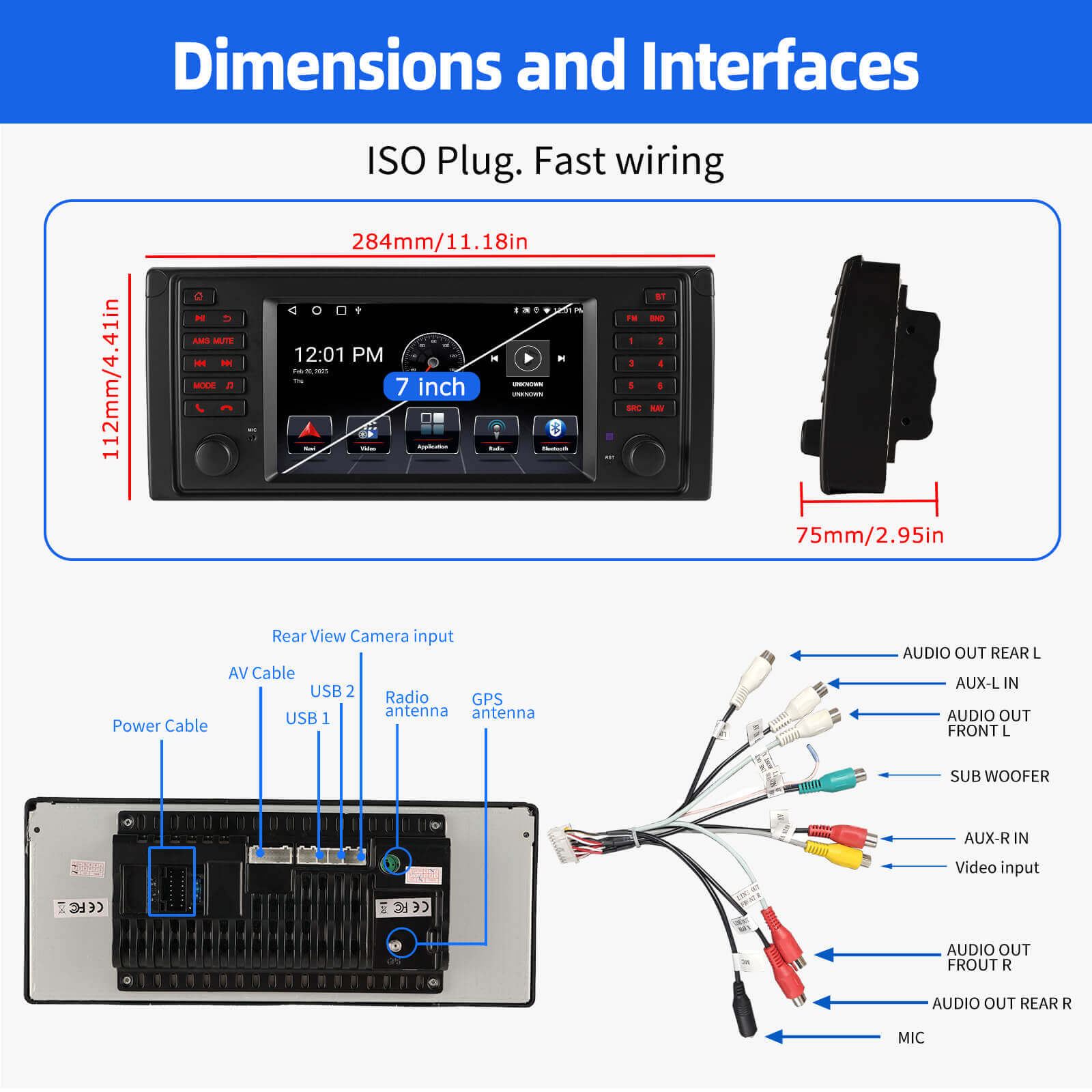 ESSGOO AR7001 | MP5 Android14, 7-inch HD Touchscreen - For BMW E53, Bluetooth 4.1 Apple CarPlay & Android Auto