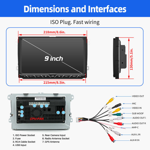 ESSGOO 9618 | MP5 Android14, 9-inch IPS Touchscreen - For Volkswagen, Bluetooth 4.1 Wireless CarPlay & Android Auto