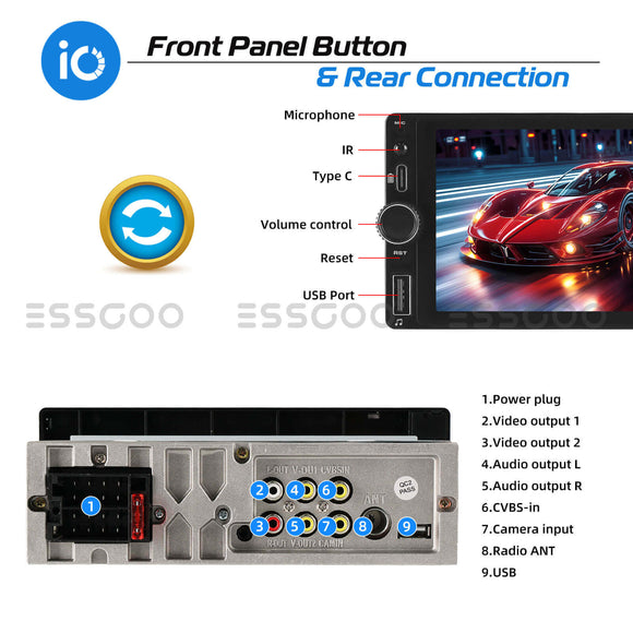 ESSGOO MP5 TS0002 | 1 DIN, 6.86-inch IPS Touchscreen - For Skoda Octavia 2004-2013, Bluetooth 5.0, Wired Apple CarPlay & Wired Android Auto, FM USB