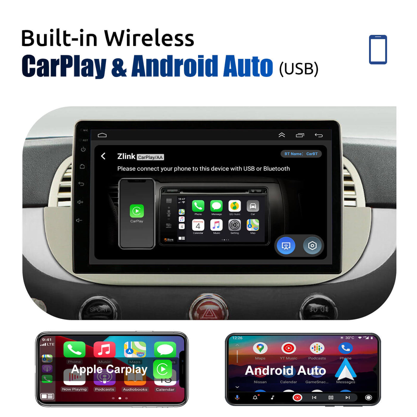 Autoradio Fiat 500 Android Auto - CarPlay - Skar Audio