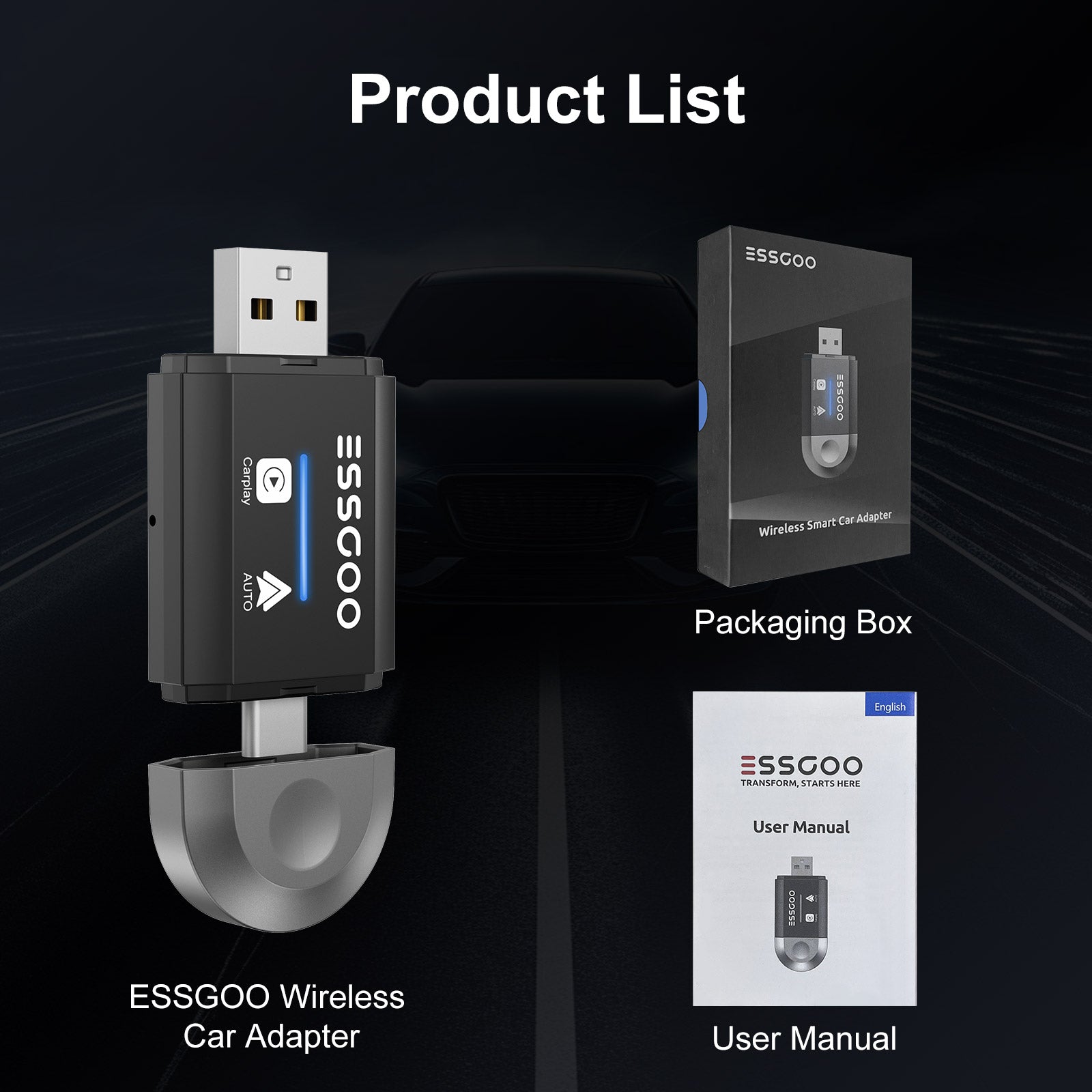 ESSGOO Wireless Carplay Adapter para Android Cars Stereo, Plug and Play Converter Sync iPhone