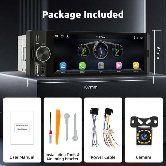 ESSGOO FR7002 | Single Din Car Stereo HD 6.36" Capacitive Touch Screen MP5 Player With Bluetooth AUX Wireless CarPlay Android Auto