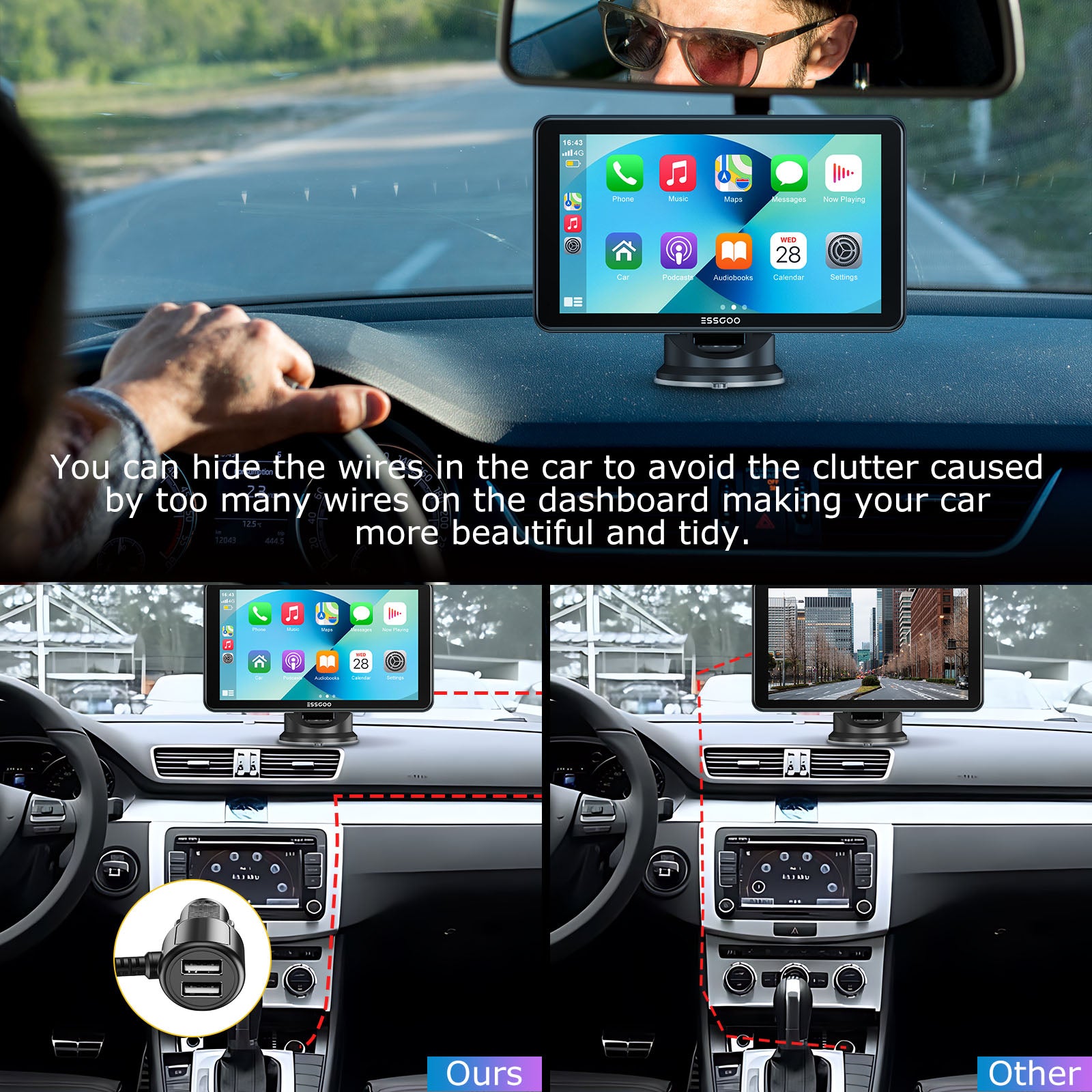 Portable Wireless Apple CarPlay & Android Auto Screen, 7 Inch Touch Screen Car Stereo with Bluetooth, WiFi, Voice Control, and Live Navigation