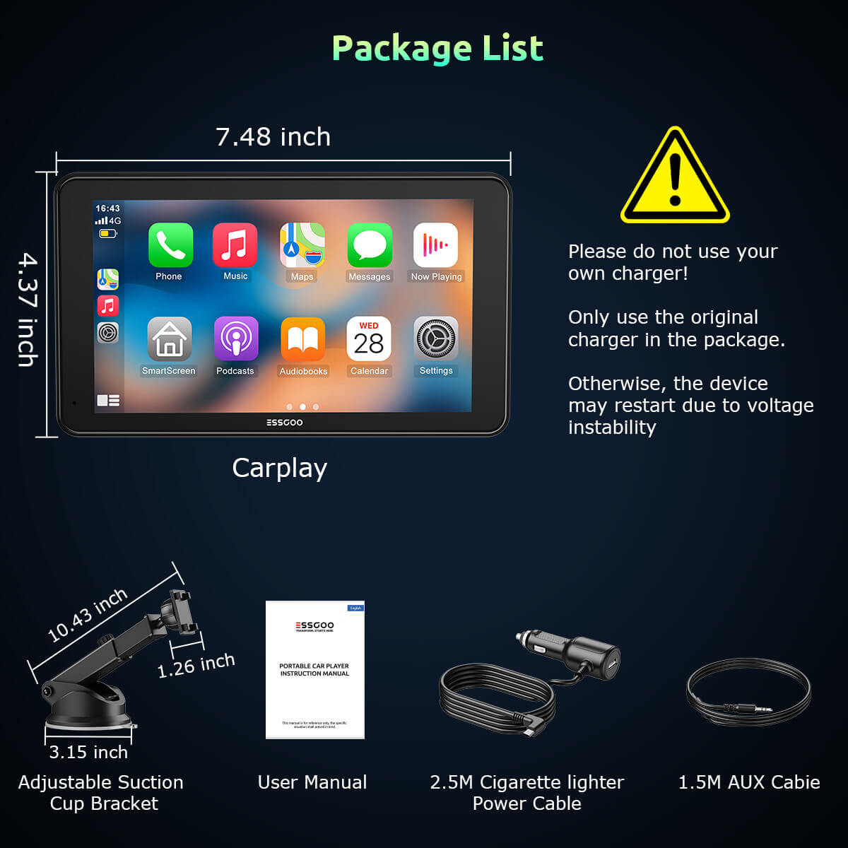 ESSGOO 7'' 743CP Wireless Car Play Screen for Apple Carplay, Android Auto, HD IPS Touchscreen with Mirror Link, Bluetooth 5.3, Siri,Assistant Support, AUX, FM