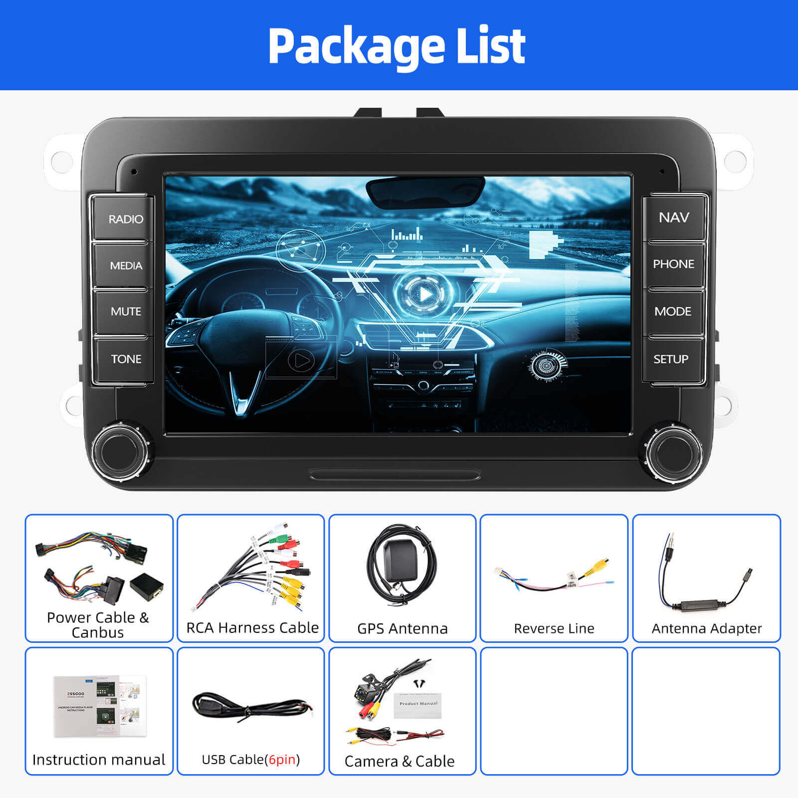ESSGOO MP5 AR7002 | Android 15, 7-inch IPS Touchscreen - For Volkswagen Golf5 6 Passat Polo, Bluetooth 4.1, Apple CarPlay & Android Auto