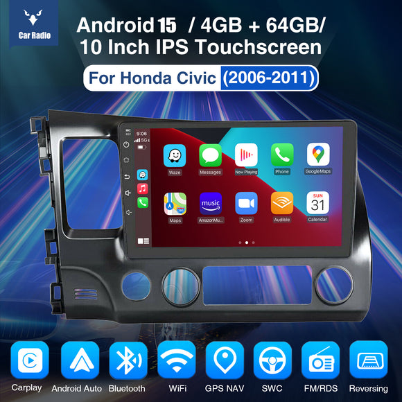 ESSGOO MP5 AR1001 | Android 15 10-inch IPS HD Touchscreen - For Honda Civic 2006-2011 Left Hand Drive, 4GB+64GB, Wireless & Wired CarPlay Android Auto, FM RDS