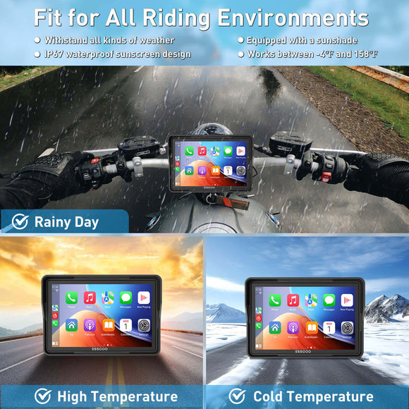 ESSGOO 550CP 5" Waterproof Motorcycle GPS with Wireless CarPlay/Android Auto & Helmet Bluetooth