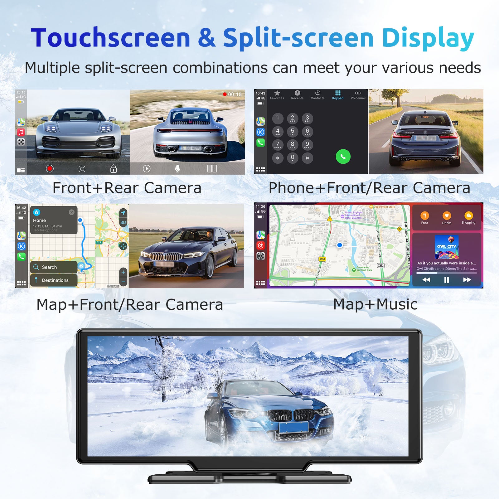 9" Wireless Apple CarPlay & Android Auto Car Stereo with 2K Dash Cam and 1080P Backup Camera