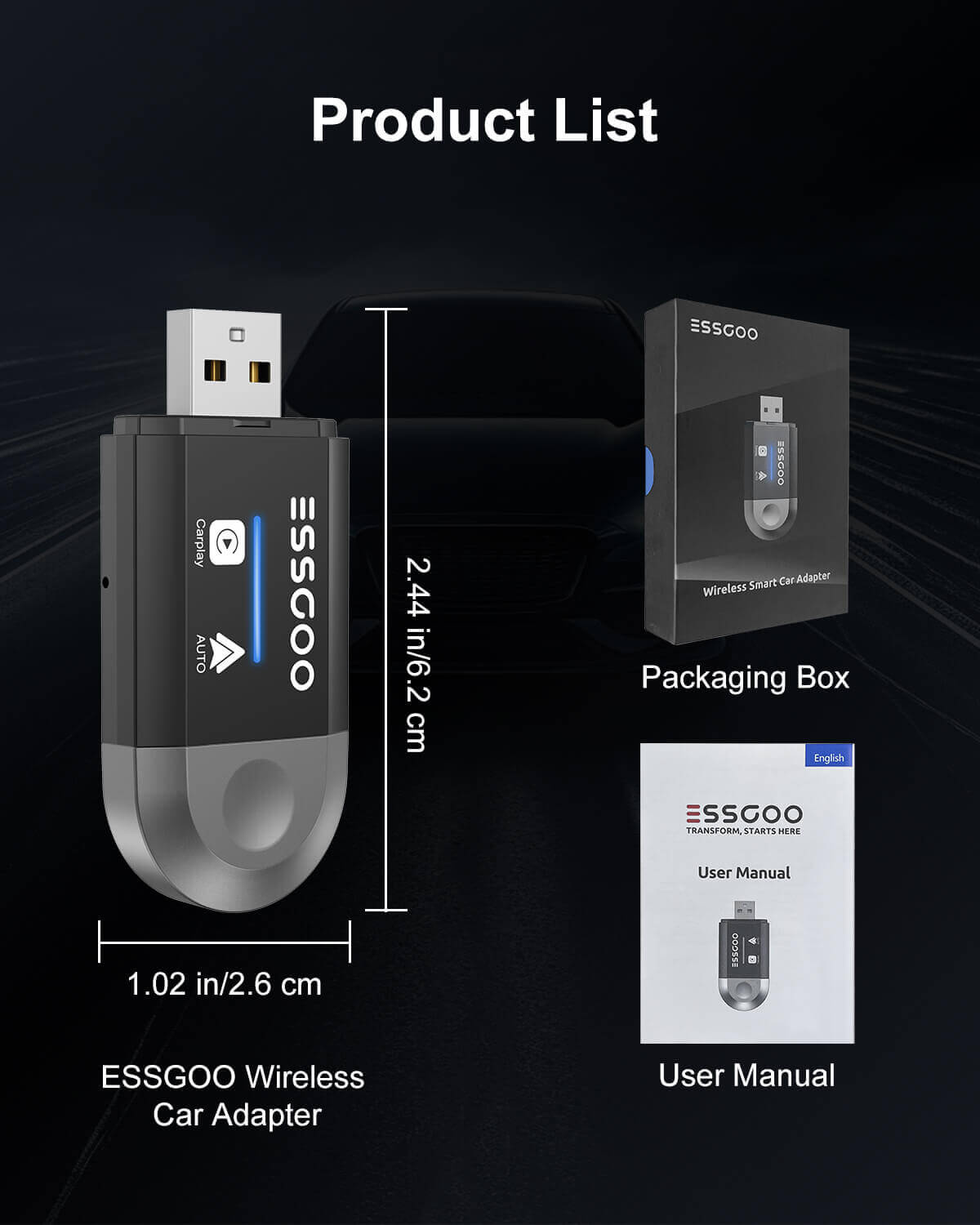ESSGOO Wireless CarPlay Adapter for Apple CarPlay and Android Auto, Compatible with iOS 10+ and Android 11+ Systems