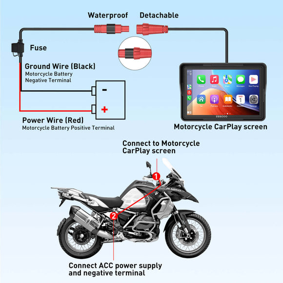 ESSGOO 550CP 5" Waterproof Motorcycle GPS with Wireless CarPlay/Android Auto & Helmet Bluetooth