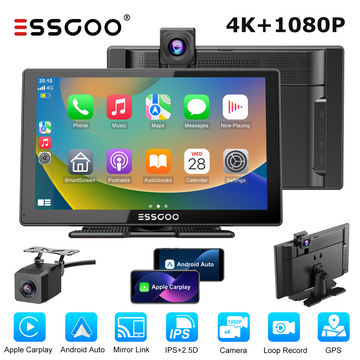 ESSGOO 9‑Inch Portable CarPlay Screen, Wireless Apple CarPlay & Android Auto with Built‑in 4K Dash Cam & HD Rear View Backup Camera, OTA Update Bluetooth5.2 Mirror Link Voice Control GPS Navigation FM Radio