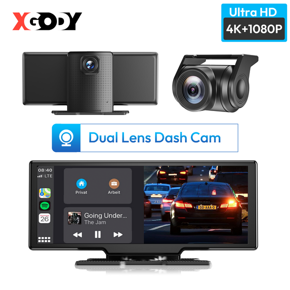 H30 10.26" Portable Wireless CarPlay & Android Auto Dash Cam, 4K Front Camera, GPS Module, FM, Fit All Vehicles