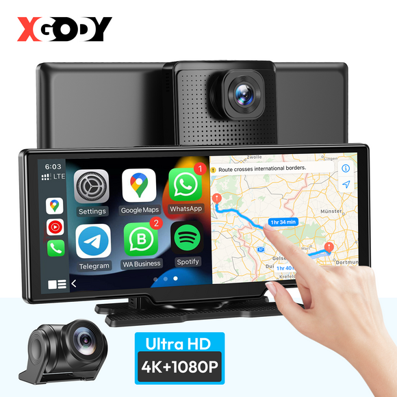 H30 10.26" Portable Wireless CarPlay & Android Auto Dash Cam, 4K Front Camera, GPS Module, FM, Fit All Vehicles