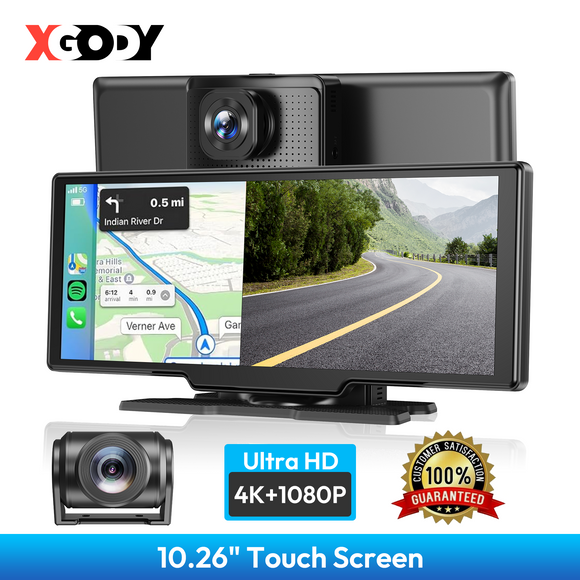 H30 10.26" Portable Wireless CarPlay & Android Auto Dash Cam, 4K Front Camera, GPS Module, FM, Fit All Vehicles