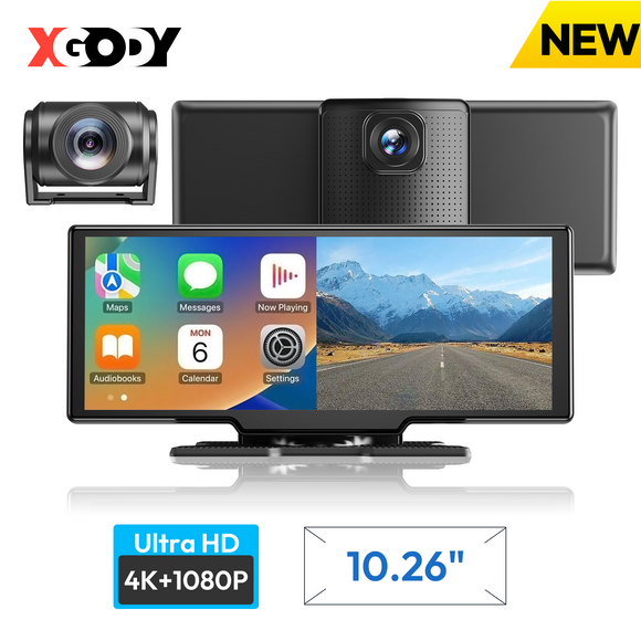 H30 10.26" Portable Wireless CarPlay & Android Auto Dash Cam, 4K Front Camera, GPS Module, FM, Fit All Vehicles