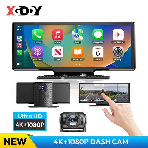 H30 10.26" Portable Wireless CarPlay & Android Auto Dash Cam, 4K Front Camera, GPS Module, FM, Fit All Vehicles