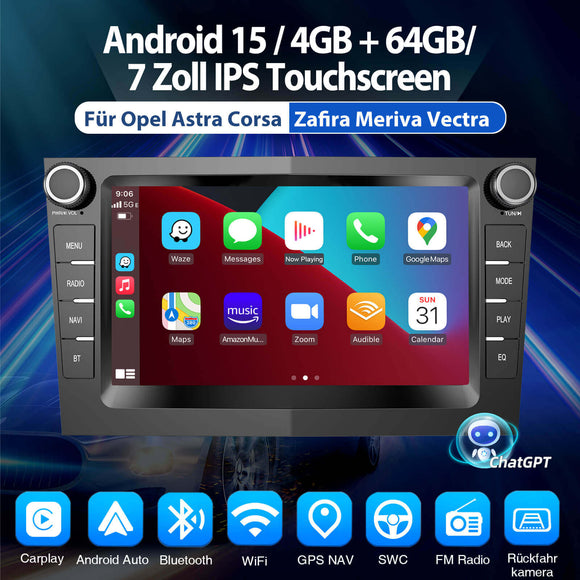 ESSGOO MP5 AZ0001 | Android 15, 7-inch Zoll IPS Touchscreen - For Opel, Bluetooth 4.1, Apple CarPlay & Android Auto, FM RDS