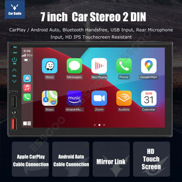 ESSGOO MP5 FS02W | 7 Inch HD Touchscreen 2 DIN, Bluetooth 5.1, Wired Apple CarPlay & Wired Android FM USB