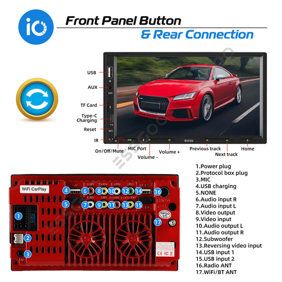 ESSGOO MP5 9333U | 2 DIN, Wince system 7-inch HD IPS Touchscreen Car Stereo, Bluetooth 5.1, Wired CarPlay & Wired Android Auto, FM USB TF AUX Type-C