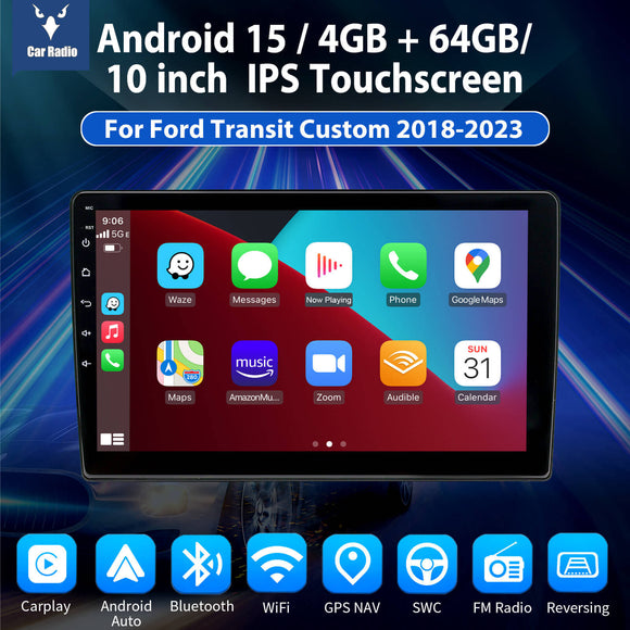 ESSGOO MP5 AR1001 | Android 15 10-inch IPS Touchscreen - For Ford Transit Custom 2018-2023, Bluetooth 4.1, Wireless Apple CarPlay & Wireless Android Auto, FM