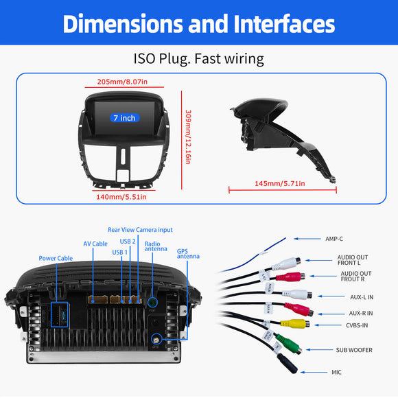 ESSGOO MP5 AR7001 | Android 15 7-inch IPS Touchscreen Car Stereo - For Peugeot 207 2006-2015, Bluetooth 4.1, CarPlay & Android Auto, FM
