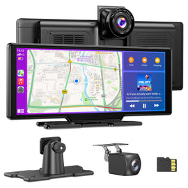 ESSGOO 10.26‑Inch Portable CarPlay Screen, Wireless Apple CarPlay & Android Auto with Built‑in 4K Dash Cam & HD Rear View Backup Camera, OTA Update Bluetooth5.2 Mirror Link Voice Control GPS Navigation FM Radio