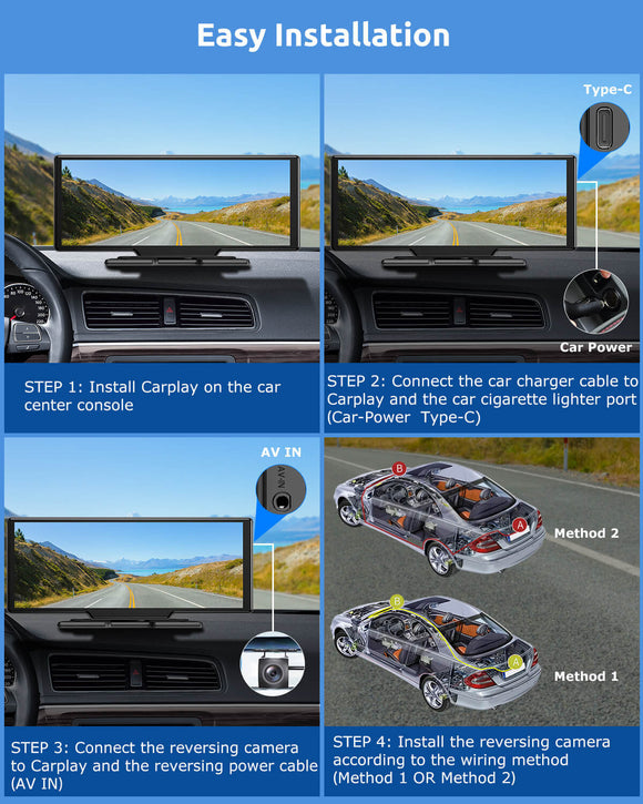 ESSGOO 1026SCP 10.26" IPS CarPlay Screen for Cars, Wireless Apple CarPlay & Android Auto, Bluetooth 5.3, FM, 64GB TF Card Support, AUX